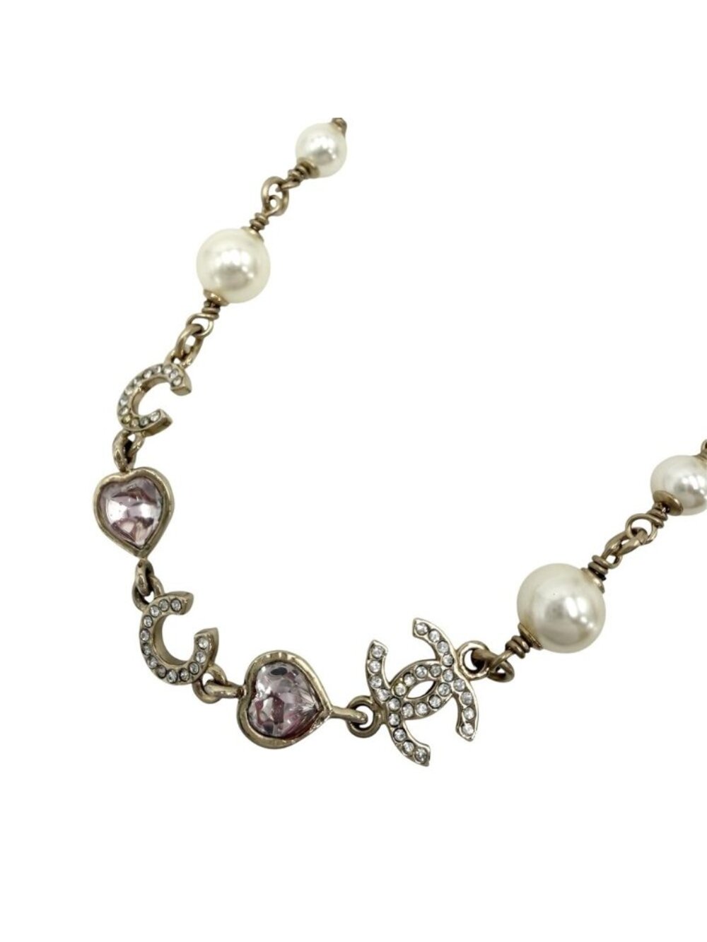 Chanel Necklace CC Logo Heart Adjustable Rhinestone Faux Pearl Gold